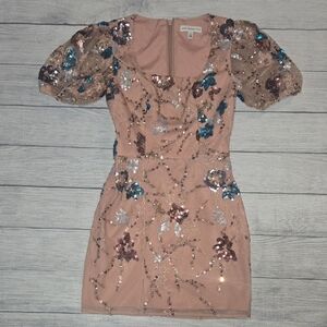 Dress the Population Embroidered Sequined Mini Party Dress Pink Size S NWOT